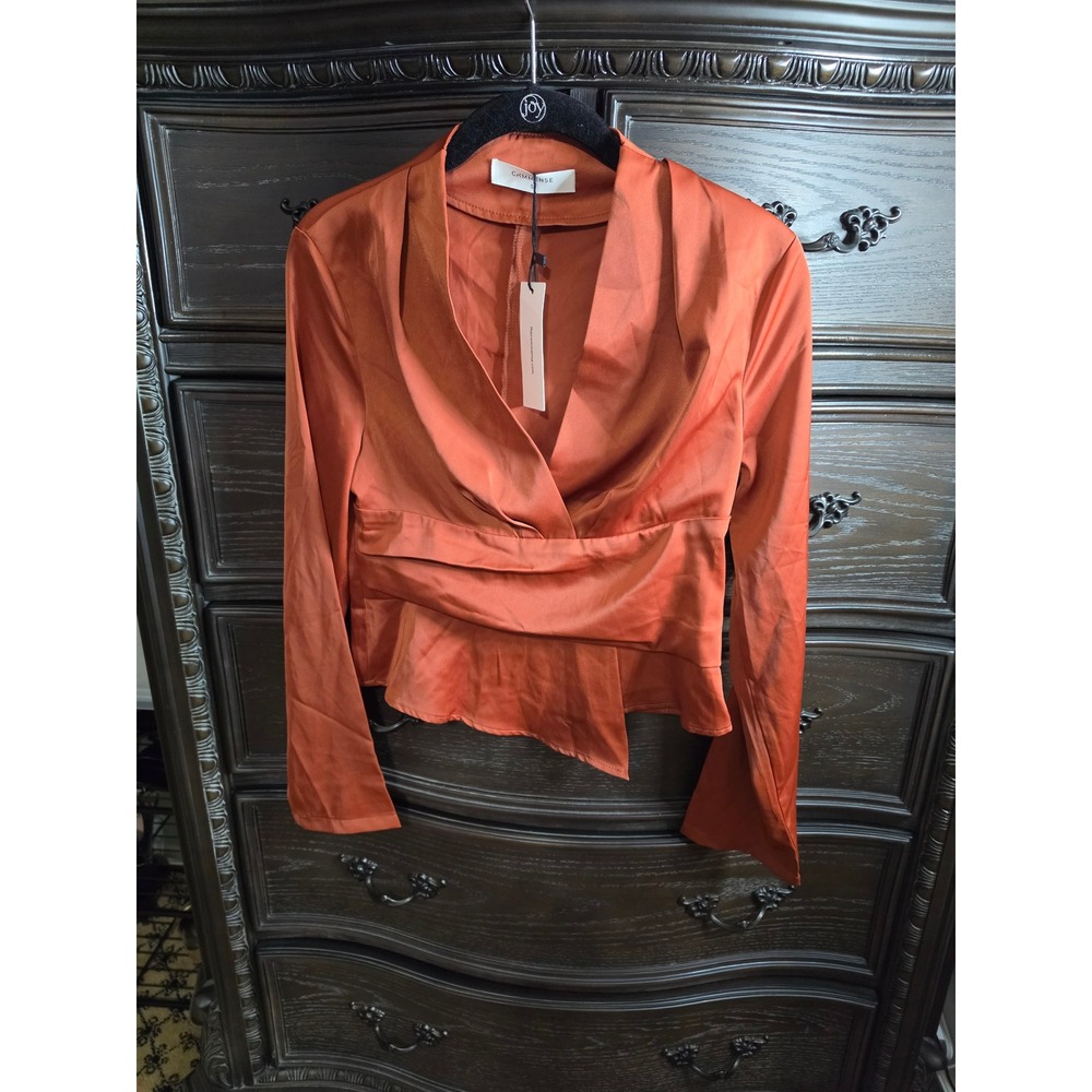 Commense Rust Orange Satin V-Neck Peplum Blouse Long Sleeve Wrap Top Small NWT
